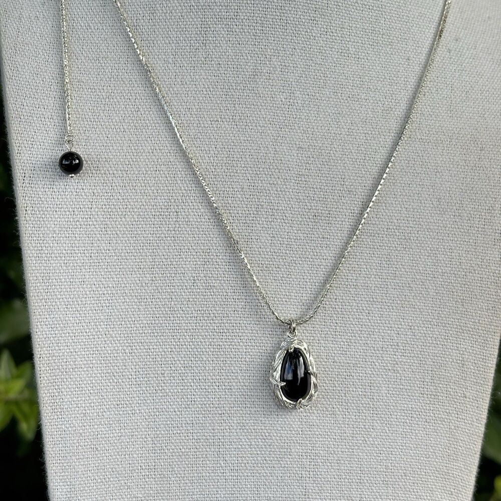 925 Sterling Silver Adjustable Lariat Necklace with Black Onyx Pendant 26” 10.8g - Picture 2 of 8
